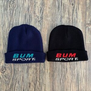 (2) Vintage BUM Sport Beanies Skull Caps Winter Hats One Size Blue Black